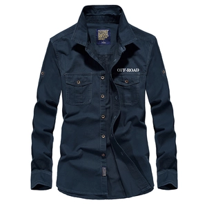 Navy blue men's cotton long sleeve tactical shirt with double chest pockets and outdoor style