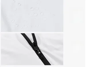Detail showing water-repellent fabric technology and black zipper on white sun coat