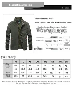 Detailed size chart for men casual jacket showing measurements from M to 6XL in army green