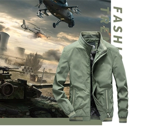 Detail of army green military bomber jacket with stand collar and camo lining detail