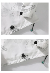 Detail of velcro cuffs and drawstring with green toggle on astronaut print white jacket