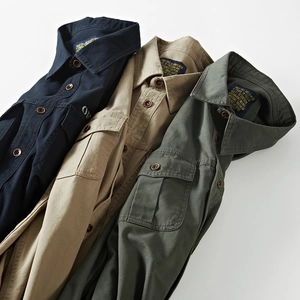 Men's military style long sleeve cotton shirts in navy blue, khaki and army green colors
