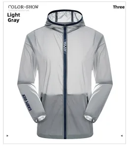Detail of light grey ice silk jacket showing hood drawstring and contrast zipper