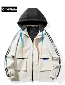 Detail of off-white cargo jacket with contrast black hood and gradient drawstrings