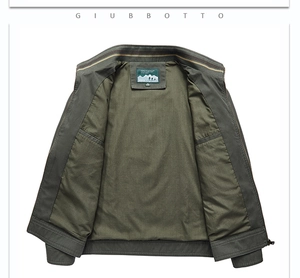 Detail of army green men's bomber jacket showing striped collar ribbon and metal zipper