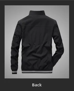 Back view of a black men's casual jacket with white striped collar and ribbed cuffs
