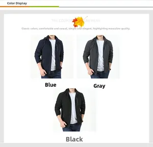Three color options for men's hooded jacket in navy, grey, and black styles
