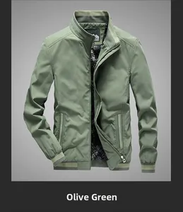 Detailed view of pea green jacket featuring striped rib collar and metallic zipper