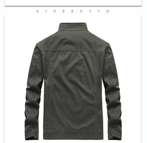 Rear view of casual olive green stand-up collar jacket with reinforced stitching detail