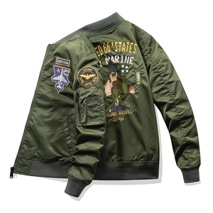 Olive green MA-1 flight jacket with military embroidery and patches on back and sleeve
