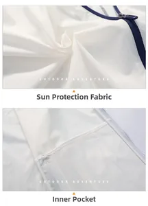 Macro detail of white sun protection fabric featuring a navy blue zipper and inner pocket