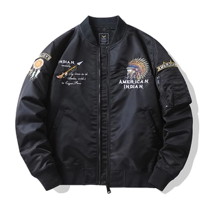 Men's black flight jacket with American Indian embroidery and dreamcatcher print