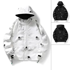 Men's Windproof Hooded Jacket Astronaut Space Planet All Over Print Streetwear Loose Fit Windbreaker Coat For Travel Casual Outerwear