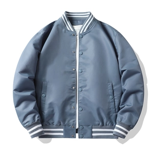 Classic grey-blue nylon bomber jacket featuring blue and white striped ribbed cuffs