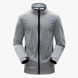 Men's lightweight grey windbreaker with stand collar and breathable sun protection fabric