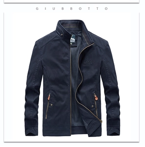 Detail of navy blue standing collar jacket with JP 71 embroidery and leather zipper puller