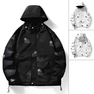 Men's hooded windbreaker jacket with astronaut space print in black and white colors