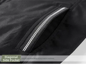 Detail shot of men's casual jacket side pocket with black and white striped webbing trim
