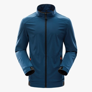 Men's navy breathable sun-protective jacket with orange zippers and stand collar