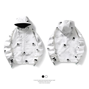 Men's white hooded windbreaker featuring an astronaut and universe graphic print