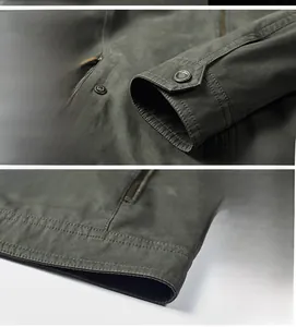 Detailed view of the olive green military canvas jacket cuffs and hem with metal buttons