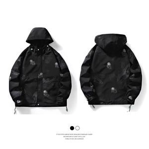 Men's black hooded windbreaker jacket with astronaut and planet space prints