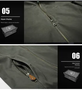 Detail of durable olive green jacket featuring metal front zipper and leather puller