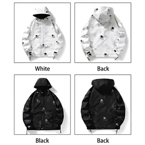 Men's hooded windbreaker jacket with space print galaxy patterns in black and white colors
