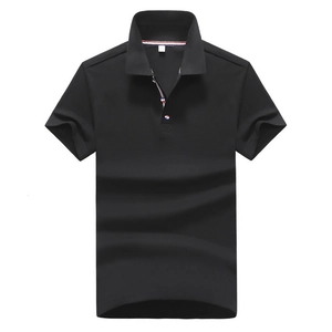 Men's black short sleeve polo shirt with tricolor ribbon detail on collar and button placket