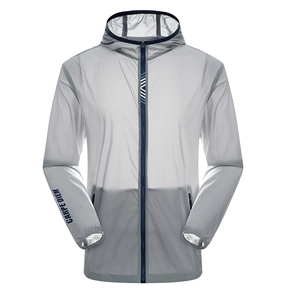 Men's lightweight ice silk sun protection jacket in light grey with hooded zipper design