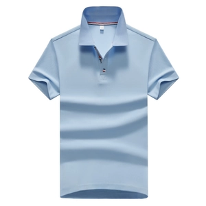 Men's light blue short sleeve polo shirt with breathable pique cotton fabric and stand collar