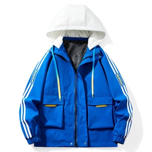 Men Fashion Hooded Jacket Polyester Contrast Color Detachable Hood Stripe Sleeve Cargo Pocket Casual Loose Windbreaker Outerwear