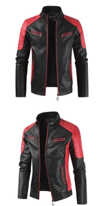 Close-up of black and red slim fit biker jacket featuring quilted shoulder detail and zippers