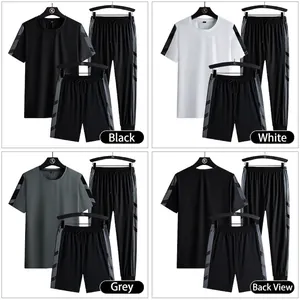 Men's 3-piece quick-dry sports set with t-shirt, shorts, and joggers in multiple colors