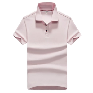 Men's light pink stand collar short sleeve polo shirt with striped neckline details