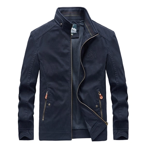 Men Casual Stand Collar Cotton Jacket Military Style Windbreaker Long Sleeve Full Zip Outerwear Coat With Ribbed Trim