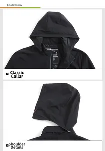 Detail view of men's black jacket featuring a detachable hood and stand collar design