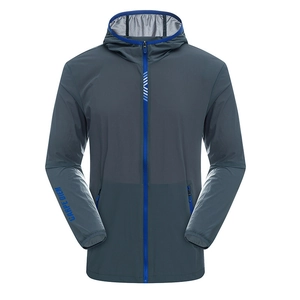 Men's lightweight ice silk sun protection jacket in dark grey with blue accents and hood