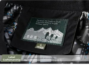 Detailed macro view of the outdoor jacket collar label with firm and even stitching