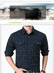 Detail view of navy blue plaid shirt featuring double chest pockets and classic turn-down collar