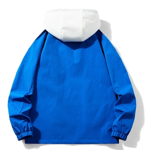 Mens blue and white hooded windbreaker jacket with elastic cuffs in loose casual style