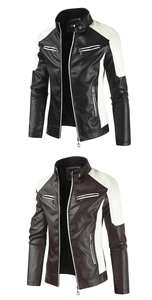 Detail of color-block biker leather jacket with stand collar and quilted shoulders