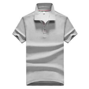 Men's grey short sleeve stand collar polo shirt with striped neck detail on white background
