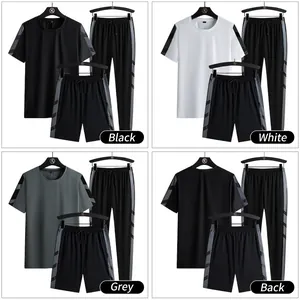 Men's quick-dry sports set with short sleeves, pants and shorts in black, white and grey