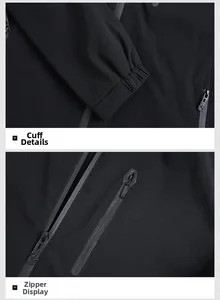 Detail view of elastic cuffs and waterproof glued zipper on men's black jacket