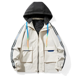 Men's casual loose hooded cargo jacket in beige with black contrast hood and side stripes