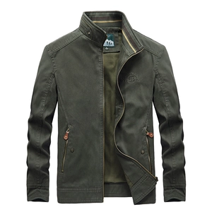 Men's olive green casual stand collar jacket with embroidery and striped ribbing