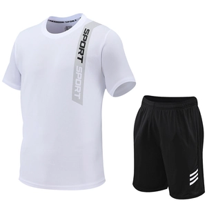 Men's quick-dry sports set with white short-sleeve T-shirt and black athletic shorts