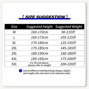 Men's quick-dry sport set size chart from M to 5XL for height and weight guidance