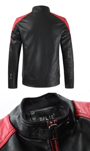 Detail of men's leather jacket featuring red diamond-quilted shoulder and collar zipper